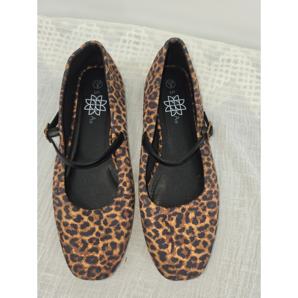 Serra Womens Leopard Print Mary Jane Flats Brown Animal Print Buckle Strap Sz 8